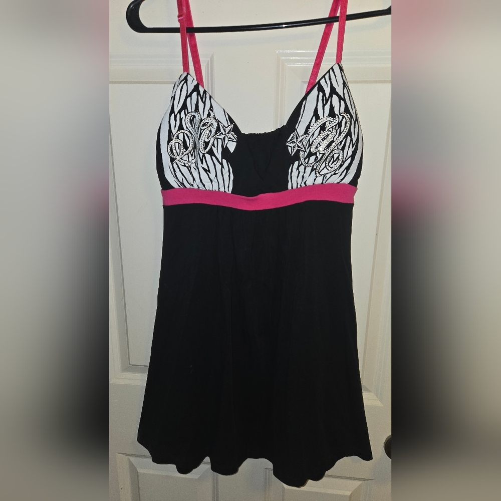Black Chemise with White Printed Cups and Pink Trim